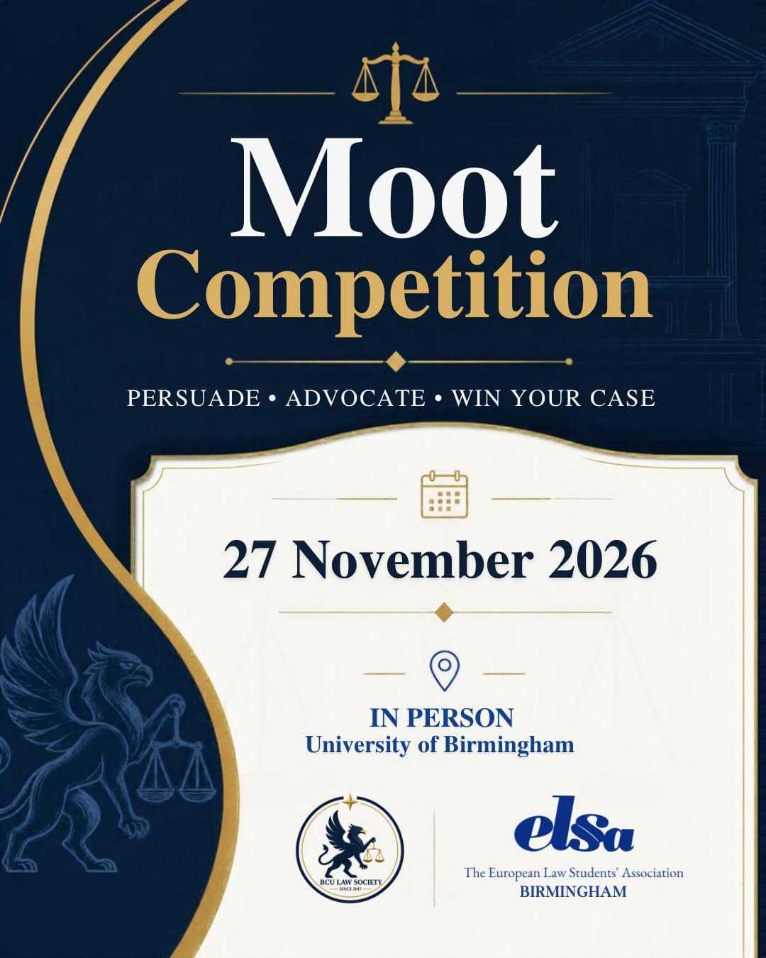 Moot Competition poster: 27 November 2026, in person at the University of Birmingham.